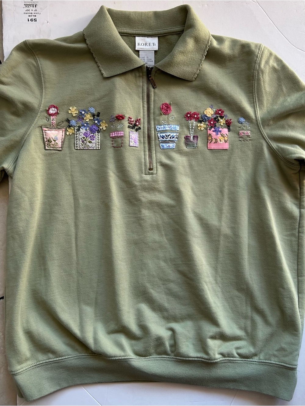 Koret Olive Green women’s Polo with Embroidered Flower Pots